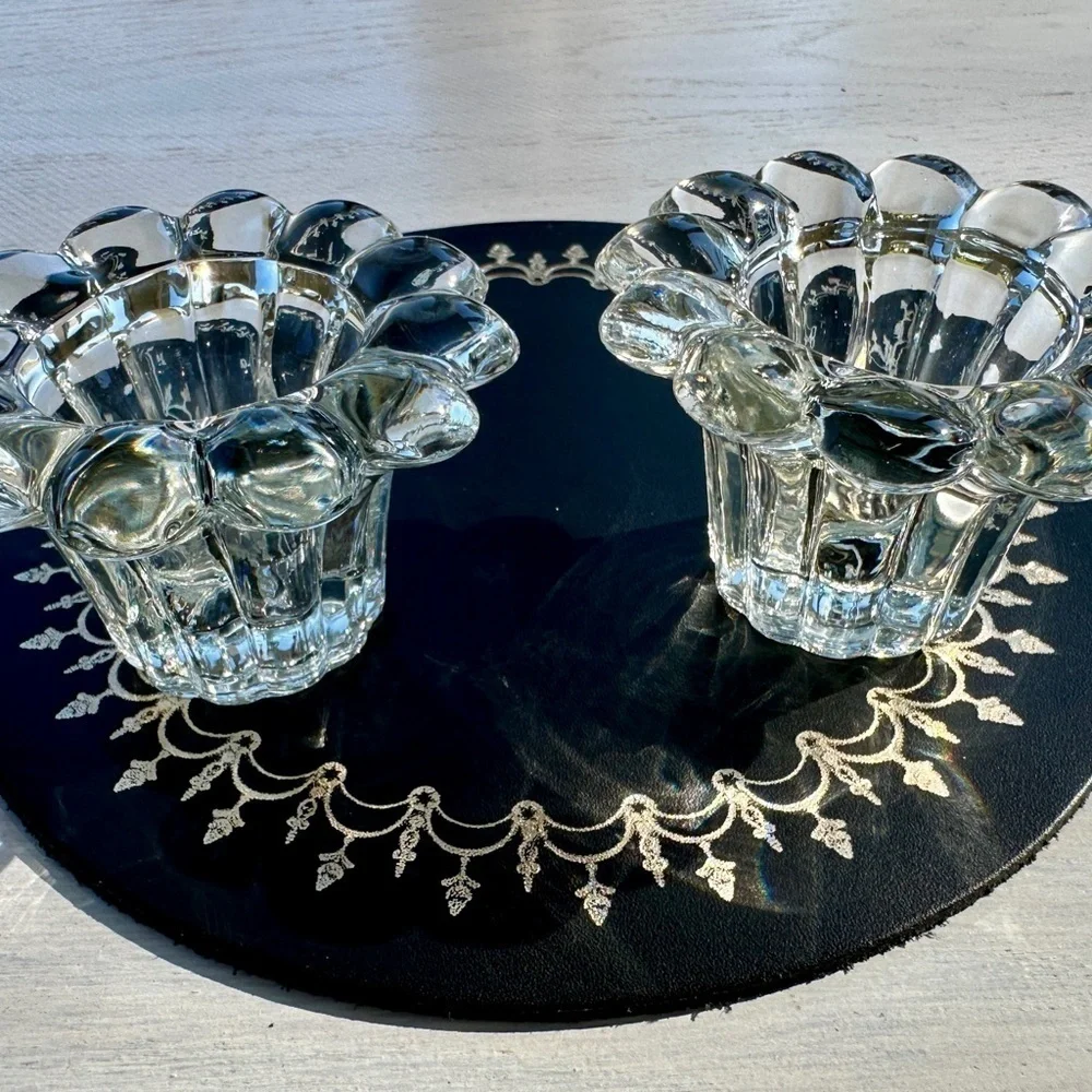 VINTAGE, KIG MALAYSIA, CRYSTAL CANDLE HOLDERS. 3 1/4” SCALLOPED RIM.